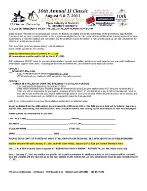 JJ CLASSIC BREEDERS INCENTIVE 2011 STALLION NOMINATION FORM