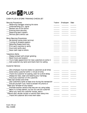 CASH PLUS IN STORE TRAINING CHECKLIST