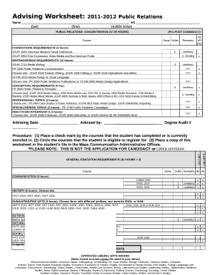 Advising Worksheet: 2011-2012 Public Relations