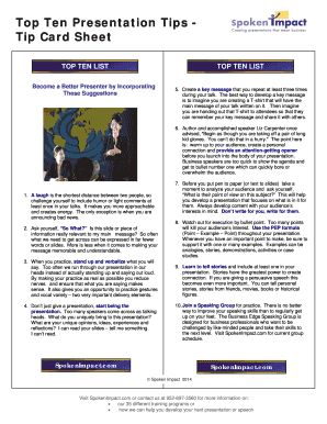 Fillable Online Top Ten Presentation Tips Tip Card Sheet Fax Email ...