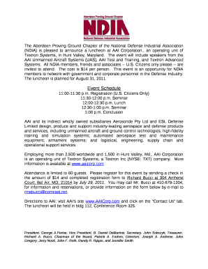 The Aberdeen Proving Ground Chapter of the National Defense Industrial Association (NDIA) is pleased to announce a luncheon at AAI Corporation