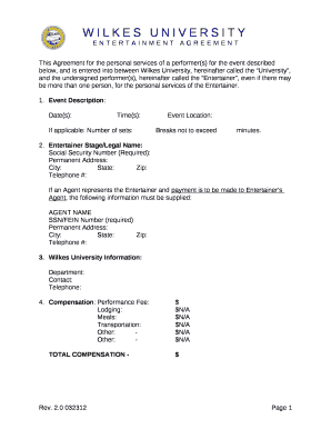 This Agreement for the personal services of a performer(s) for the event described below, and is entered into between Wilkes University, hereinafter called the University, and the undersigned performer(s), hereinafter called the