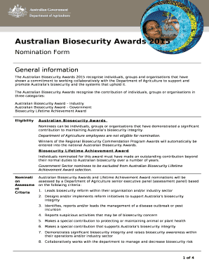 The Australian Biosecurity Awards 2015 recognise individuals, groups and organisations that have shown a commitment to working collaboratively with the Department of Agriculture to support and promote Australias biosecurity and the systems