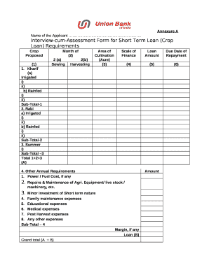 Interview-cum-Assessment Form for Short Term Loan (Crop Loan) Requirements