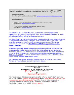 The following is a sample MOU for UCCE Master Gardener programs cooperating with community garden sites, demonstration gardens, or other related associations with a land use component