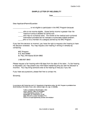 WIC Program Ineligibility Letter