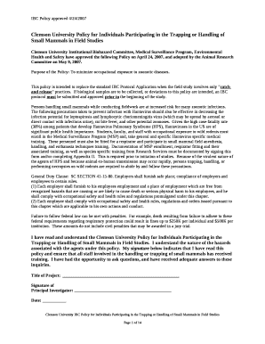 Clemson University Policy for Individuals Participating in the Trapping or Handling of Small Mammals in Field Studies