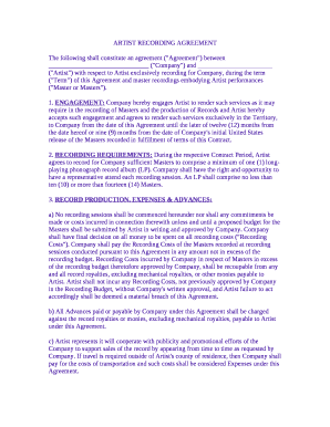 The following shall constitute an agreement ("Agreement") between ("Company") and ("Artist") with respect to Artist exclusively recording for Company, during the term ("Term") of this Agreement and