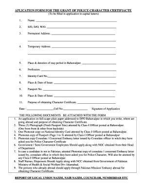 APLICATION FORM FOR THE GRANT OF POLICE CHARACTER CERTIFIACTE