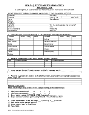 HEALTH QUESTIONNAIRE FOR NEW PATIENTS