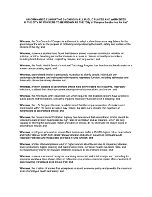 AN ORDINANCE ELIMINATING SMOKING IN ALL PUBLIC PLACES AND WORKSITESIN THE CITY OF CONYERS TO BE KNOWN AS THE "City of Conyers Smoke-free Air Act"