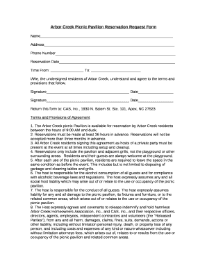 Arbor Creek Picnic Pavilion Reservation Request Form