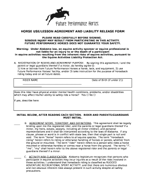 HORSE USE/LESSON AGREEMENT AND LIABILITY RELEASE FORM