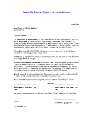 Sample Offer Letter to a Rehired or New Exempt Employee Doc Template ...