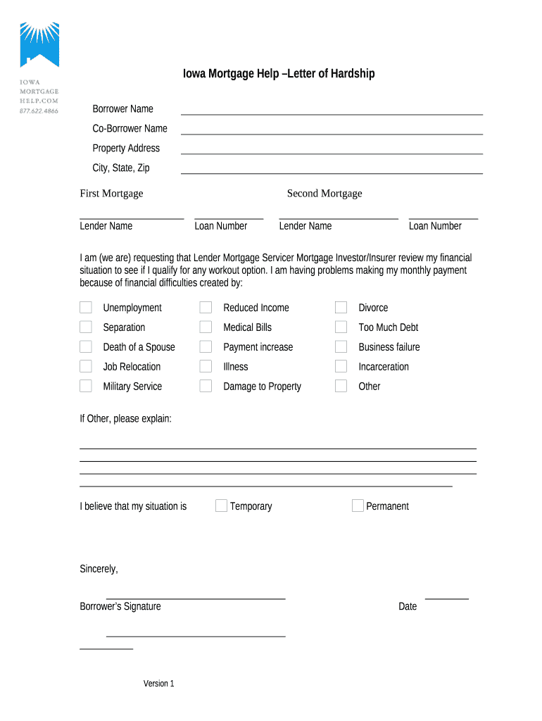 Iowa Mortgage Help Letter of Hardship Doc Template | pdfFiller
