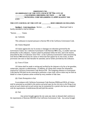 AN ORDINANCE OF THE CITY COUNCIL OF THE CITY OF , CALIFORNIA AMENDING SECTION OF THE MUNICIPAL CODE REGARDING CLAIMS AGAINST THE CITY