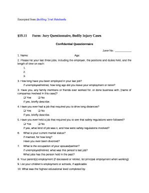 11Form: Jury Questionnaire, Bodily Injury Cases