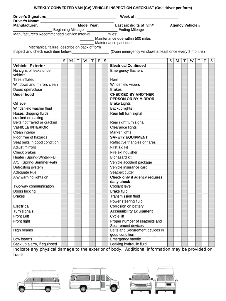 WEEKLY CONVERTED VAN (CV) VEHICLE INSPECTION CHECKLIST (One driver per ...