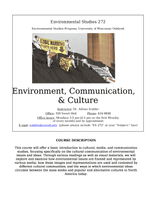 This course will offer a basic introduction to cultural, media, and communication studies, focusing specifically on the cultural communication of environmental issues and ideas