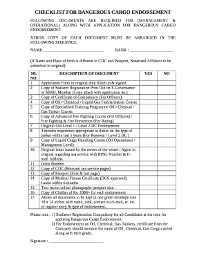 CHECKLIST FOR DANGEROUS CARGO ENDORSEMENT