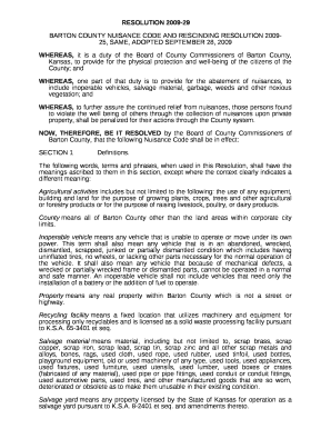 BARTON COUNTY NUISANCE CODE AND RESCINDING RESOLUTION 2009-25, SAME, ADOPTED SEPTEMBER 28, 2009