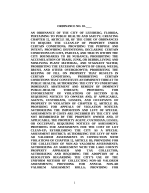 AN ORDINANCE OF THE CITY OF LEESBURG, FLORIDA, PERTAINING TO PUBLIC HEALTH AND SAFETY; CREATING CHAPTER 12, ARTICLE III, OF THE CODE OF ORDINANCES TO REQUIRE THE CLEAN-UP OF PROPERTY UNDER CERTAIN CONDITIONS; PROVIDING THE PURPOSE AND