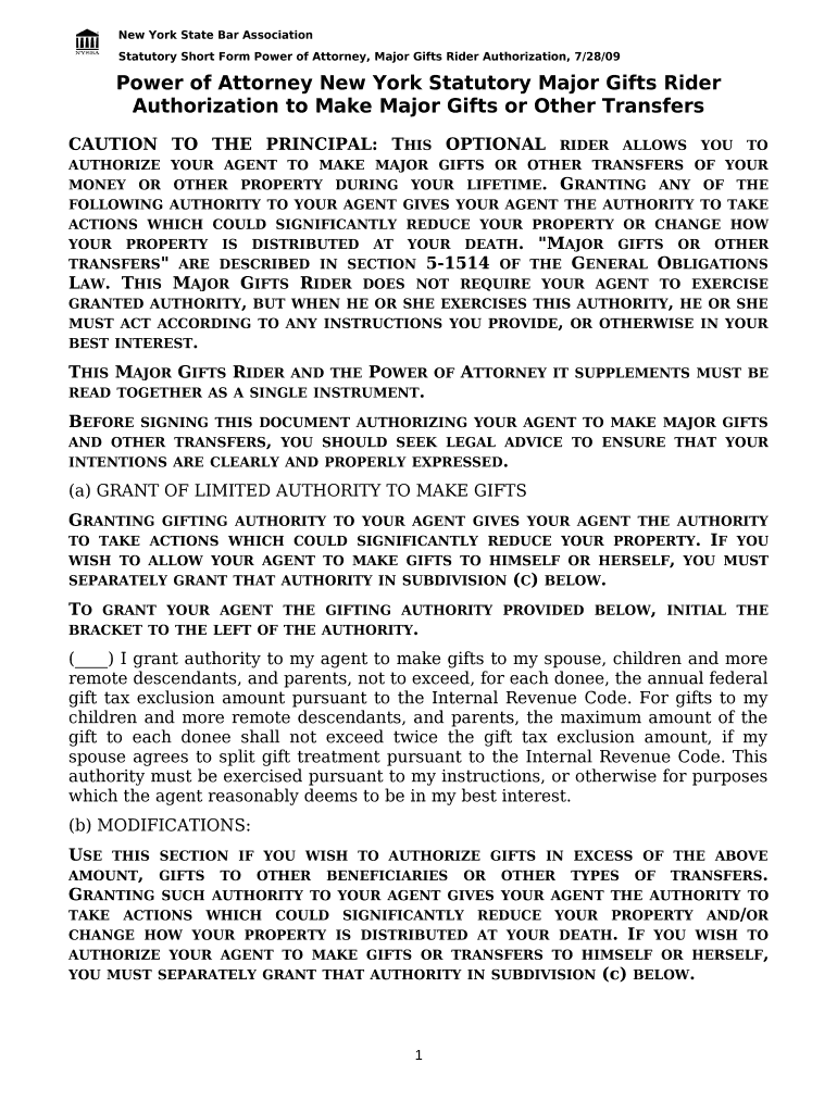 Statutory Short Power of Attorney, Major Gifts Rider Authorization, 7