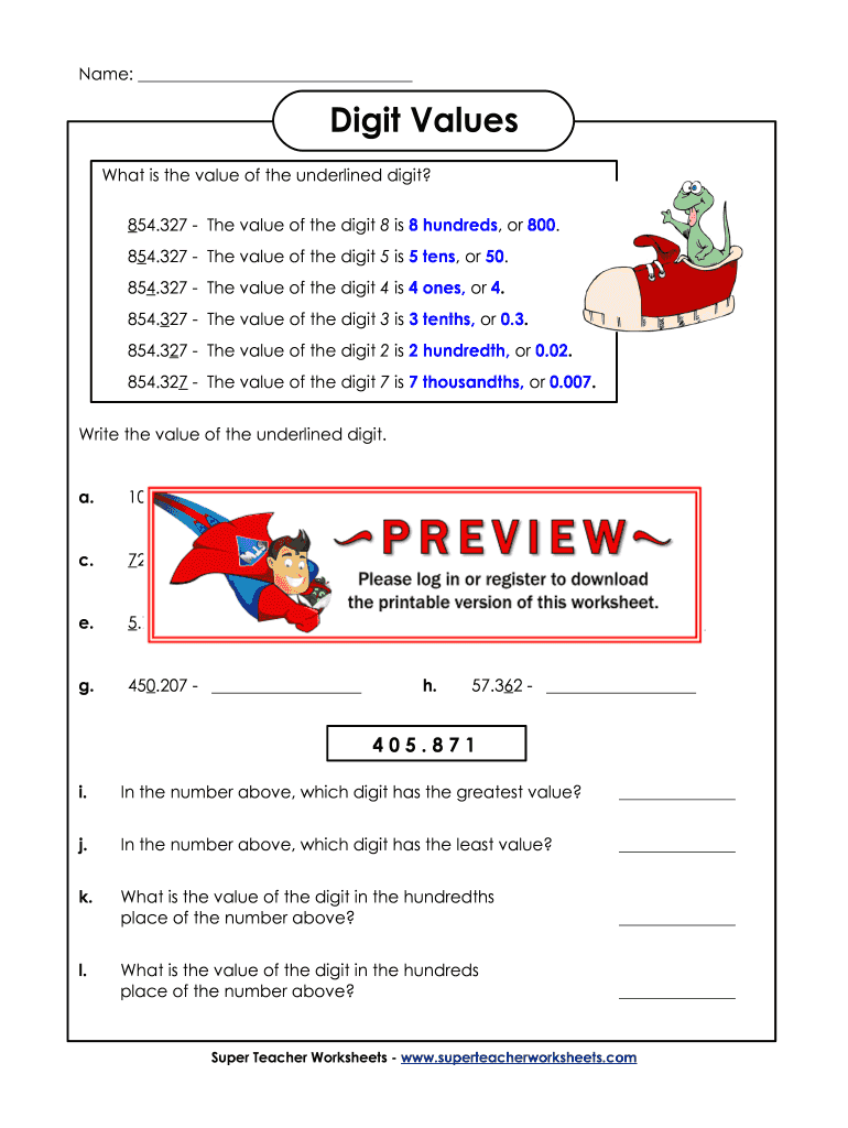 Fillable Online Writing and Reading Decimals Super Teacher Worksheets