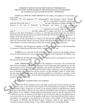 INDEMNITY BOND FOR ELECTRIC SERVICE FURNISHED BY