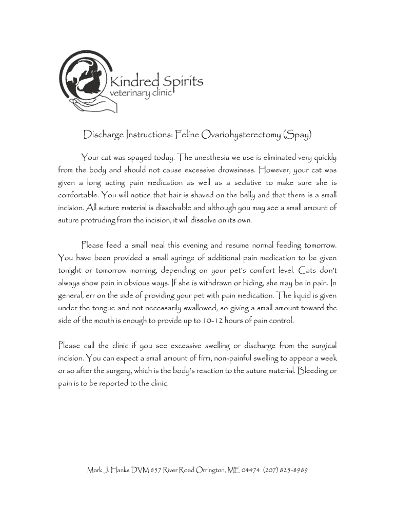 Fillable Online Discharge Instructions Feline Ovariohysterectomy (Spay