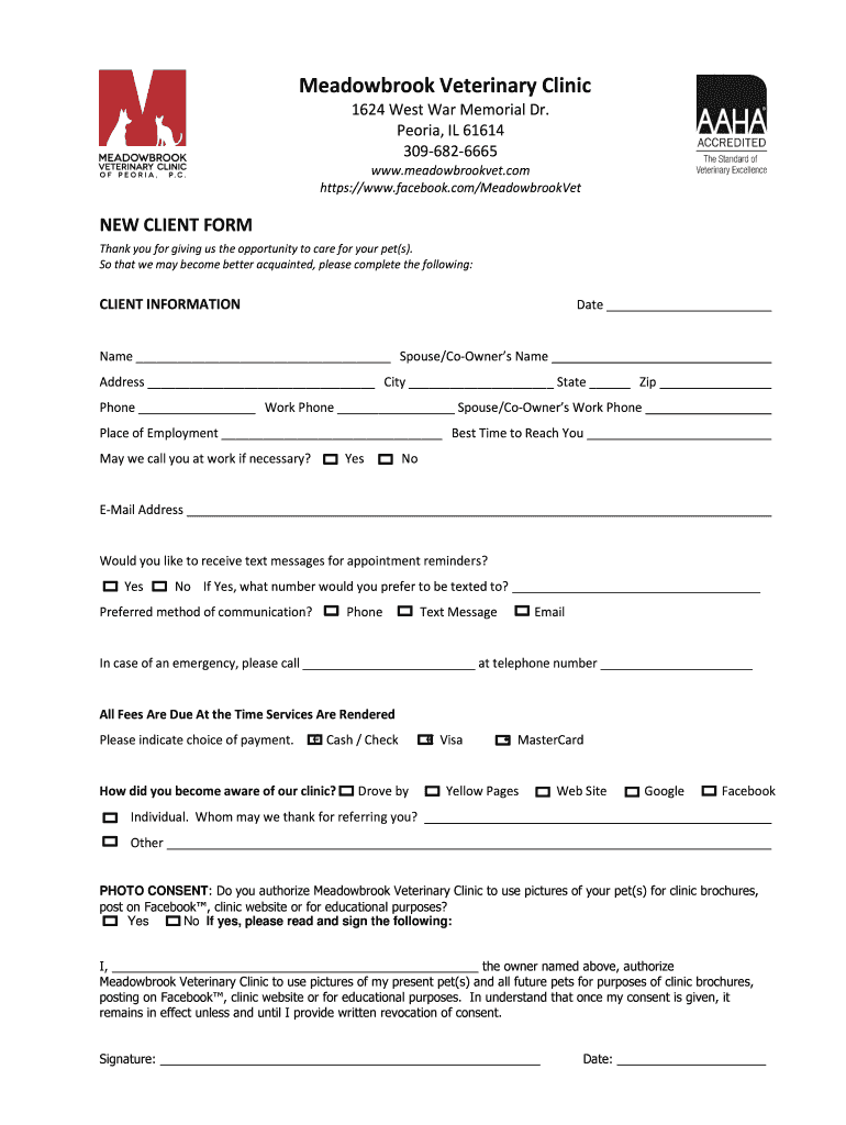 Meadowbrook Veterinary Clinic Fill and Sign Printable Template Online