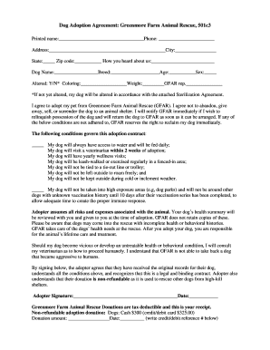 Fillable Online Dog Adoption Agreement: Greenmore Farm Animal Rescue ...