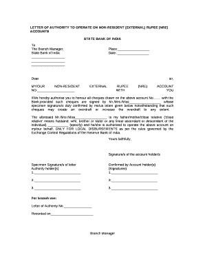 LETTER OF AUTHORITY TO OPERATE ON NON-RESIDENT (EXTERNAL) RUPEE (NRE) ACCOUNTS