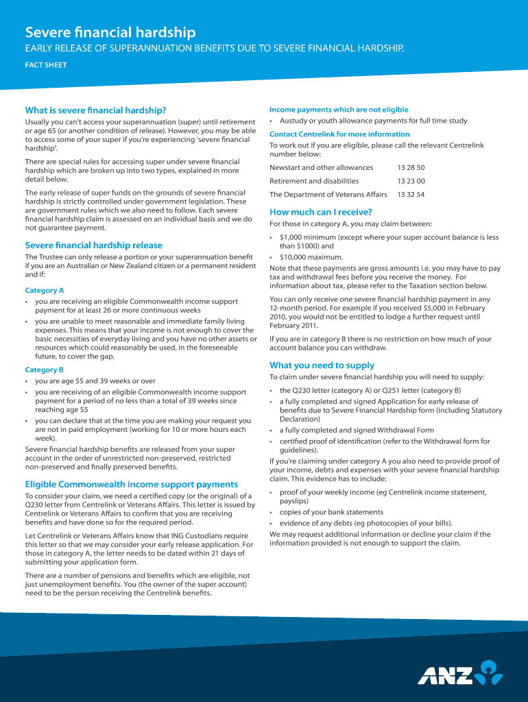 Fillable Online Early release of superannuation benefits due to severe financial hardship Fax