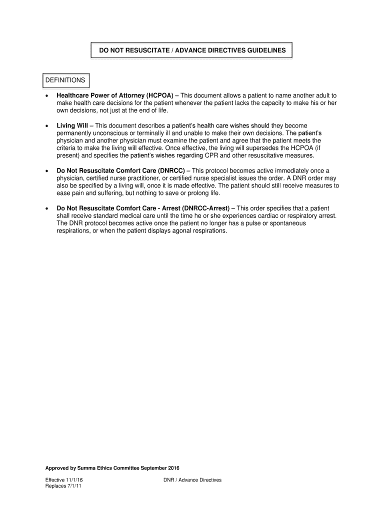 Fillable Online DO NOT RESUSCITATE / ADVANCE DIRECTIVES GUIDELINES Fax