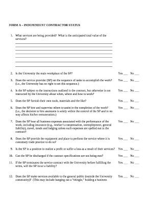 FORM A INDEPENDENT CONTRACTOR STATUS