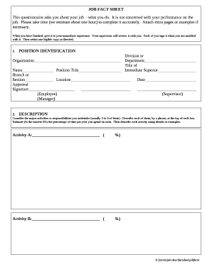 This questionnaire asks you about your job what you do