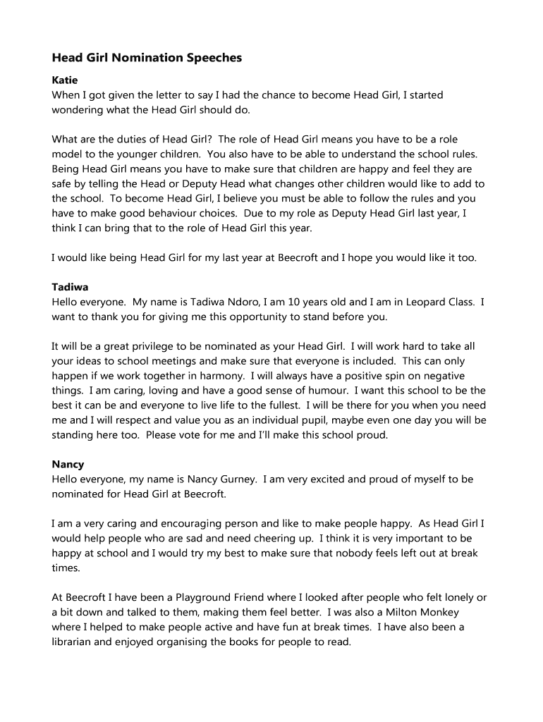 Fillable Online Head Girl Nomination Speeches Fax Email Print pdfFiller