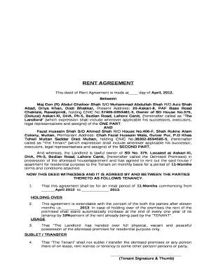 This deed of Rent Agreement is made at day of April, 2012