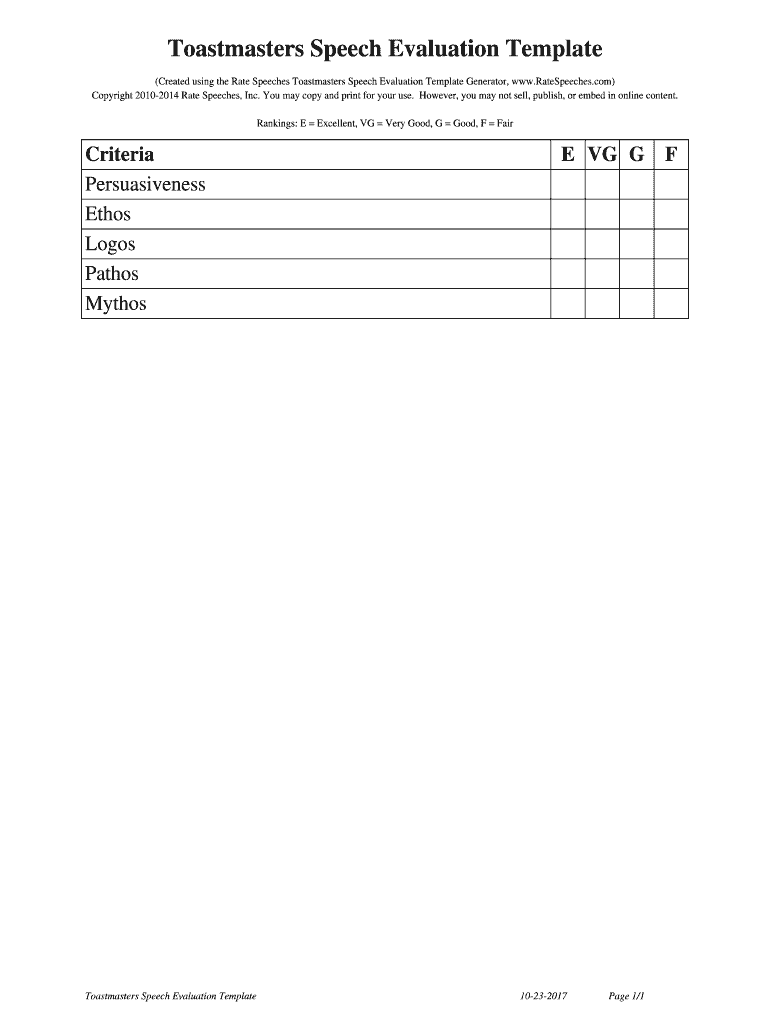 Fillable Online Toastmasters Speech Evaluation Template Fax Email Print