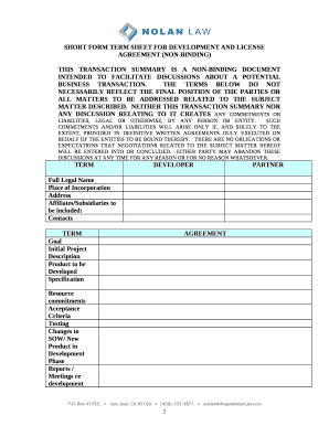 SHORT FORM TERM SHEET FOR DEVELOPMENT AND LICENSE AGREEMENT (NON-BINDING)