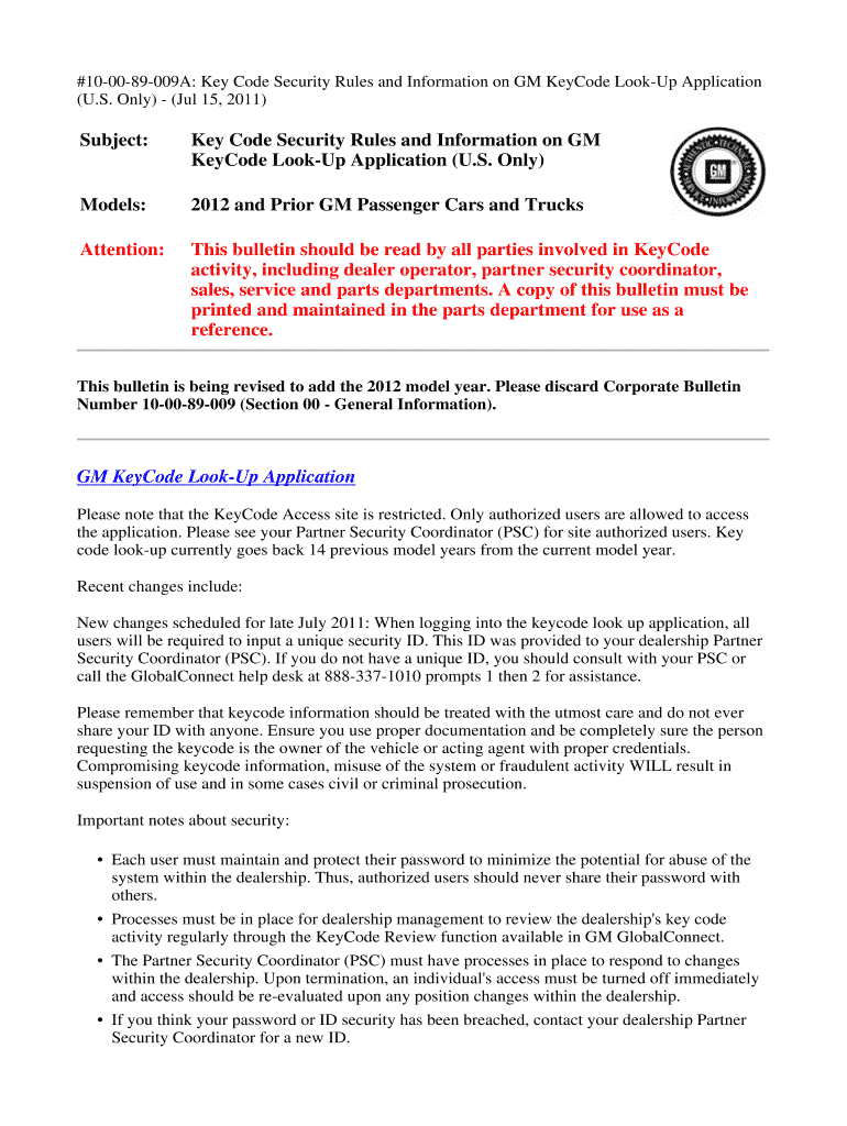 Fillable Online #10-00-89-009A: Key Code Security Rules and Information ...