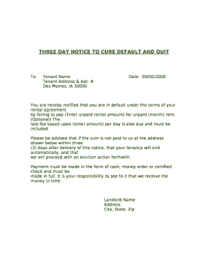 THREE DAY NOTICE TO CURE DEFAULT AND QUIT