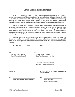 WHEREAS, Resolution 2009- authorizes the Kenai Peninsula Borough (Tenant) to enter into an extension of the existing Lease Agreement for Suite 123 dated August 25, 2004, as amended on September 13, 2005, (the Lease) between Tenant and