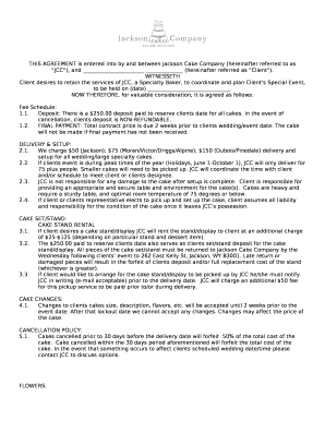 THIS AGREEMENT is entered into by and between Jackson Cake Company (hereinafter referred to as JCC), and (hereinafter referred as Client)