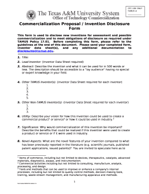 This form is used to disclose new inventions for assessment and possible commercialization and to meet obligations of disclosure as required under TAMUS Policy 17