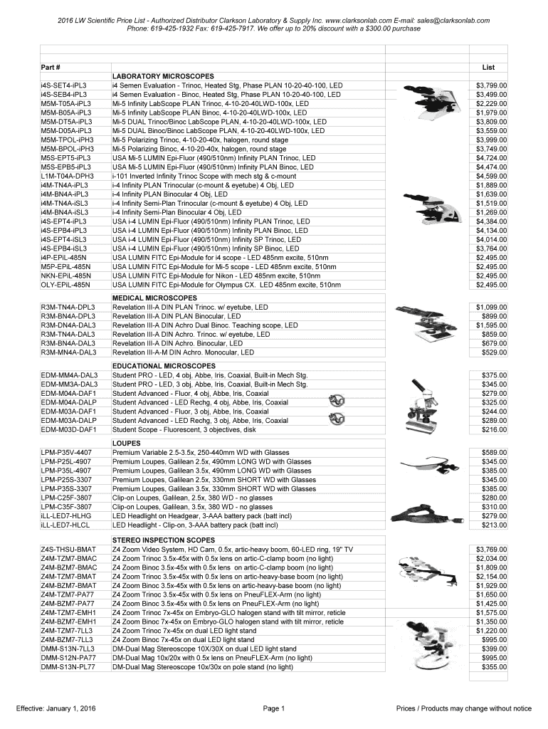 Fillable Online 2016 LW Scientific Price List Authorized Distributor