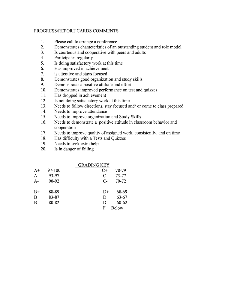 Fillable Online PROGRESS/REPORT CARDS COMMENTS Fax Email Print pdfFiller