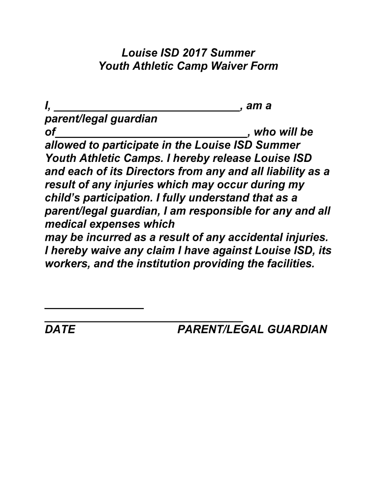 Fillable Online Youth Athletic Camp Waiver Form Fax Email Print pdfFiller