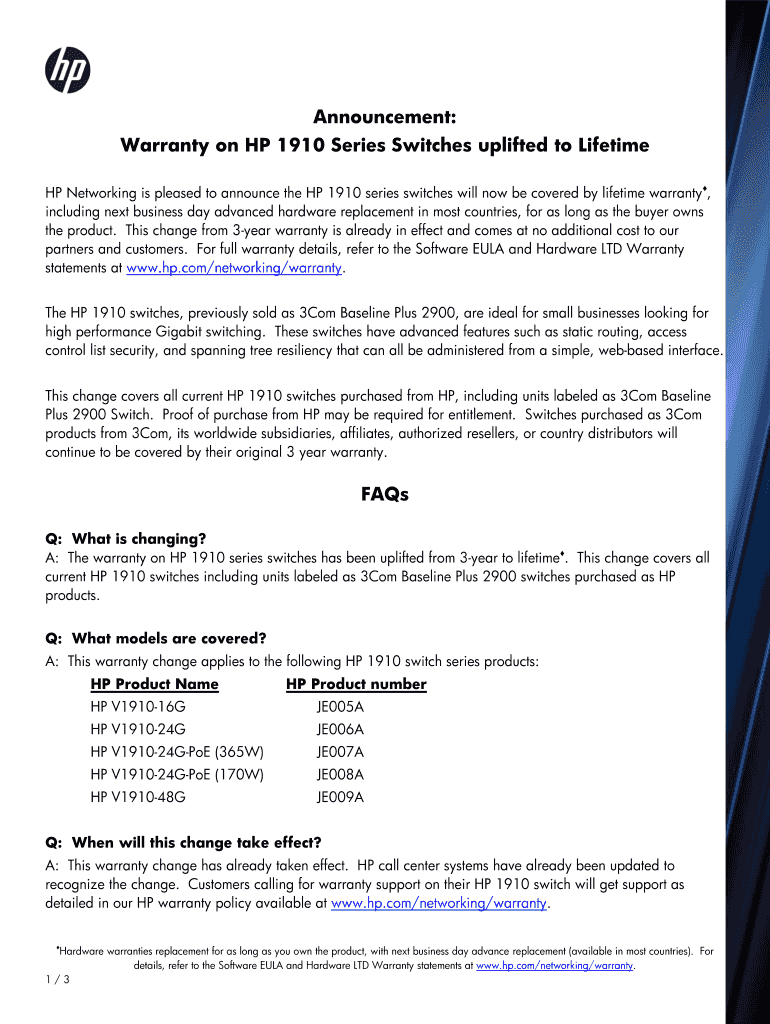 Fillable Online Warranty on HP 1910 Series Switches uplifted to